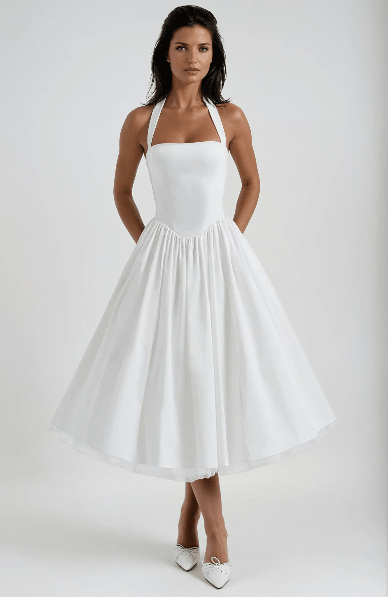 Women's Midi Dress — Halter Neckline Flared Skirt Sleeveless