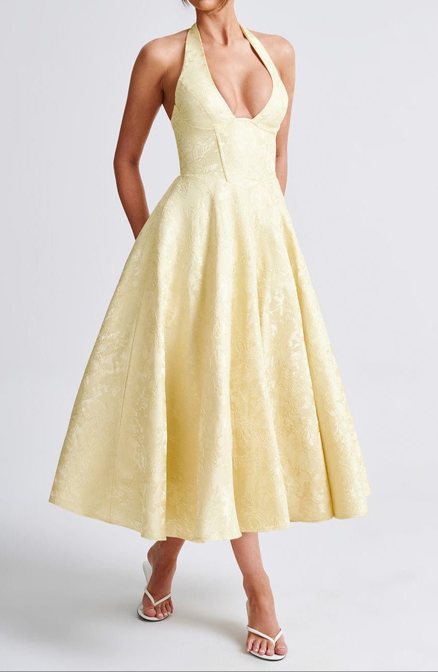 Women's Midi Dress — Halter Plunge Front Floral Jacquard Detail
