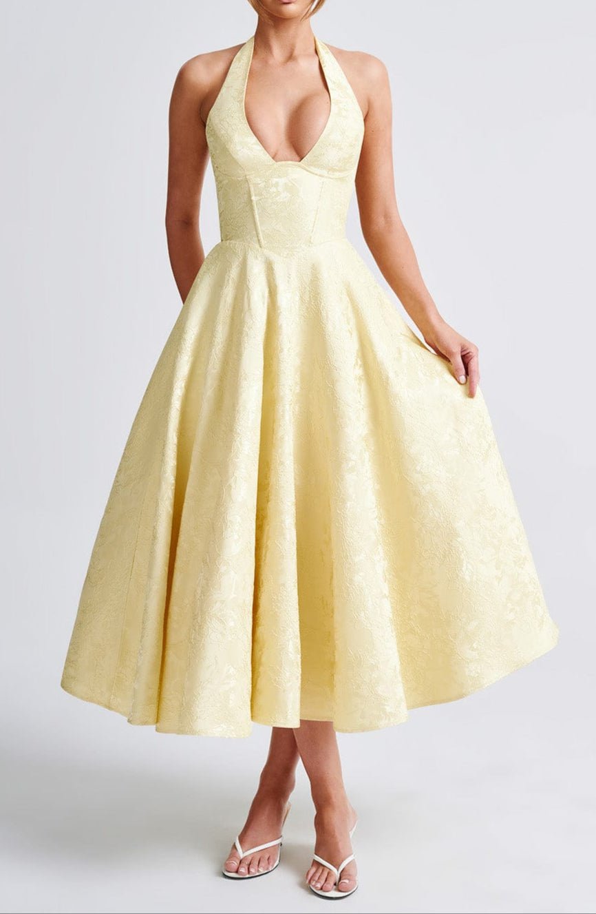 Women's Midi Dress — Halter Plunge Front Floral Jacquard Detail