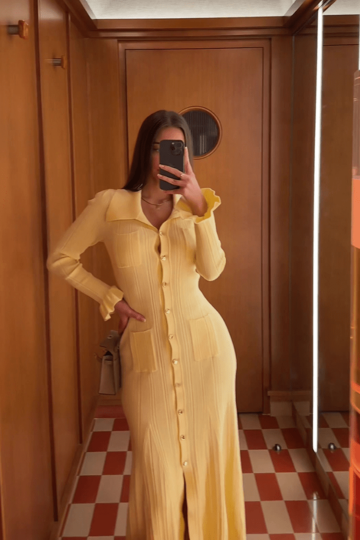 Women's Midi Dress — Knit Collared Short Sleeve Button Front