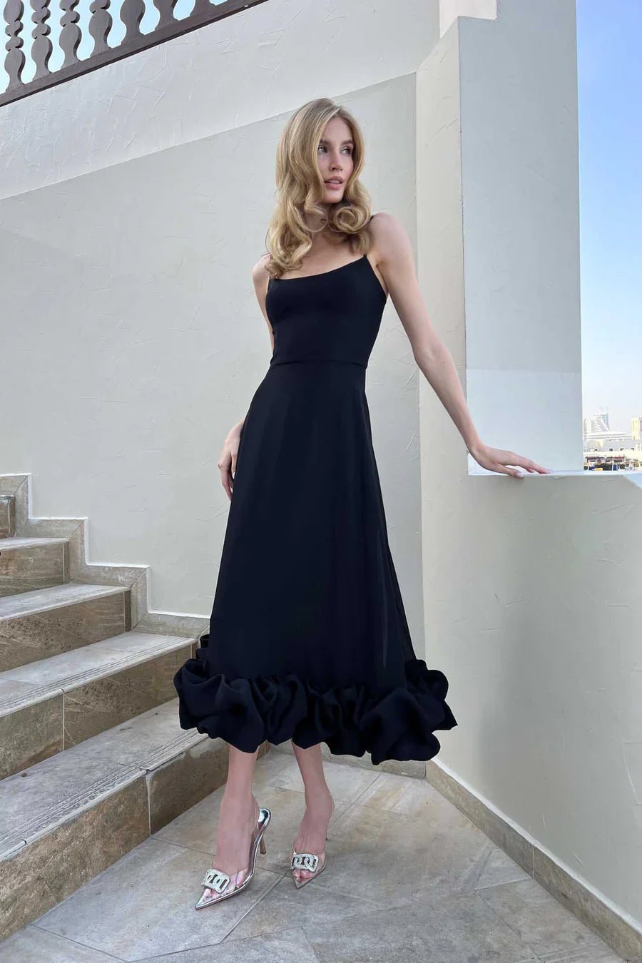 Women's Midi Dress — One Shoulder Ruffle Hem Fitted Design