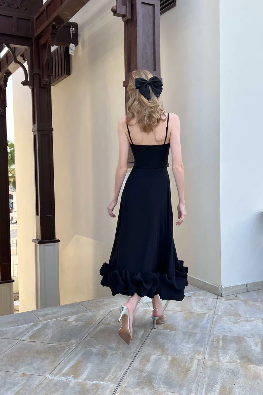 Women's Midi Dress — One Shoulder Ruffle Hem Fitted Design