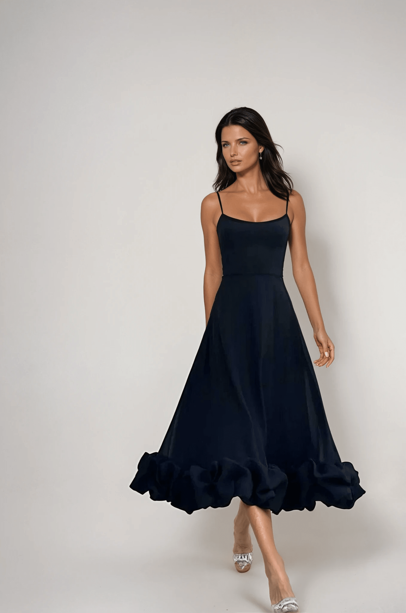 Women's Midi Dress — One Shoulder Ruffle Hem Fitted Design