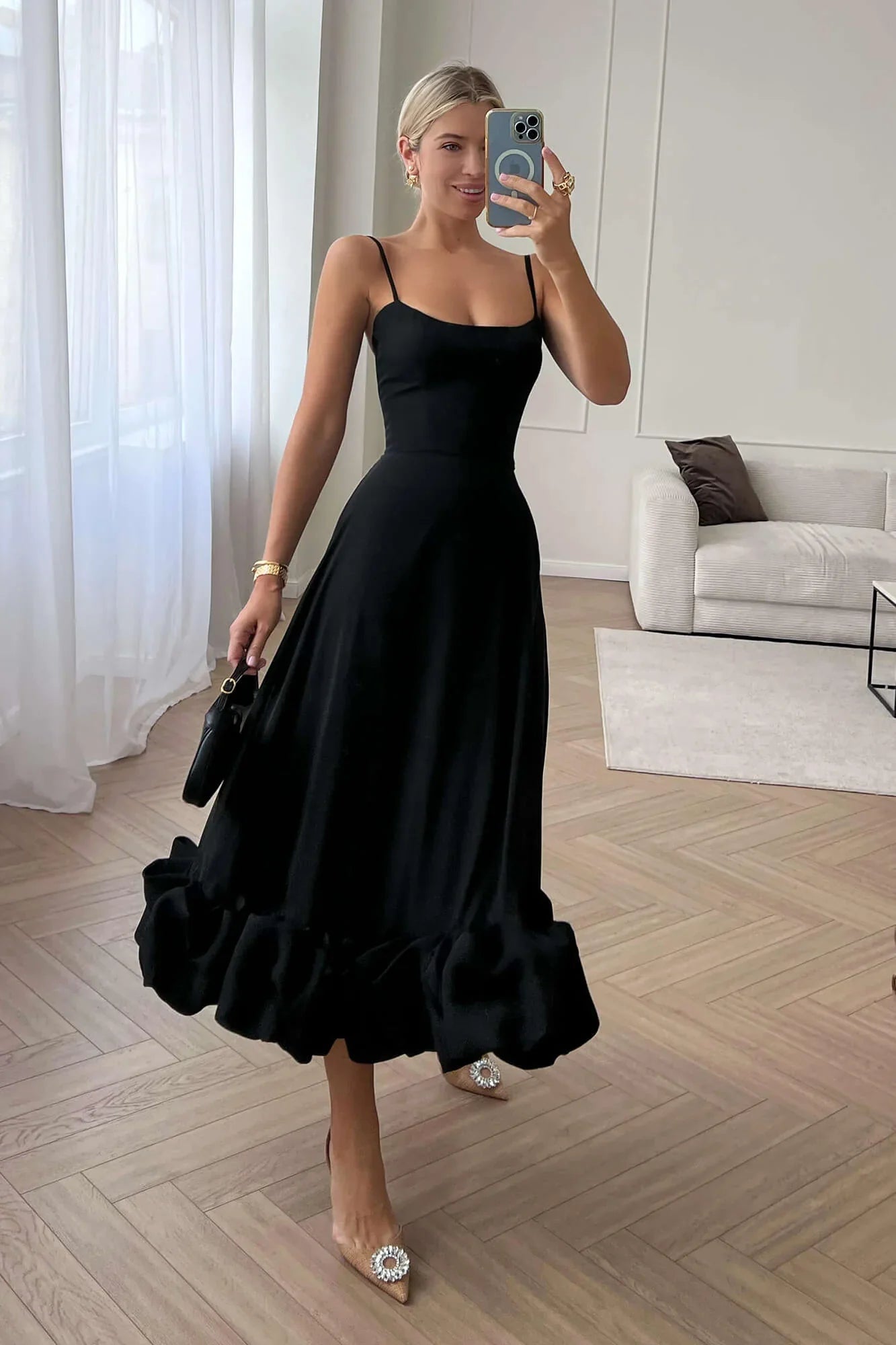 Women's Midi Dress — One Shoulder Ruffle Hem Fitted Design