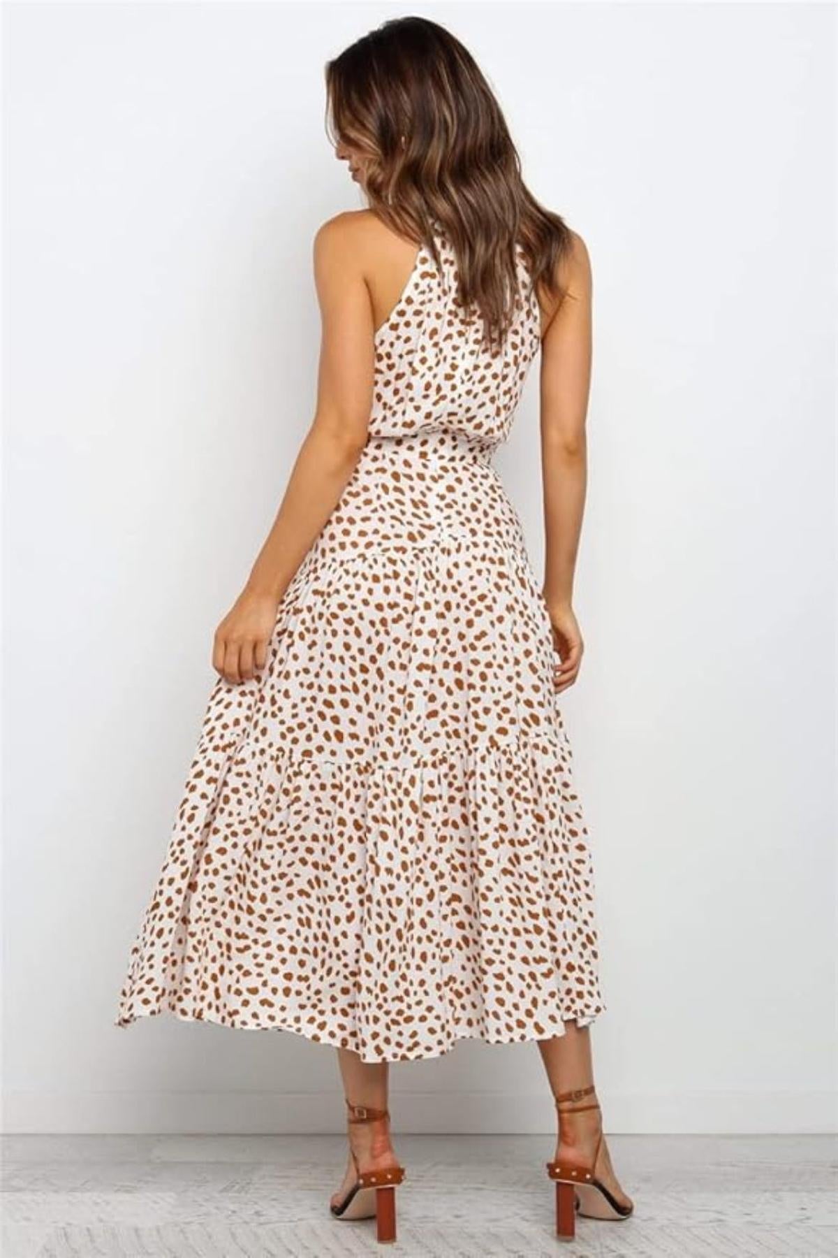 Women's Midi Dress — Polka Dot Halter Neckline Tie Waist Design