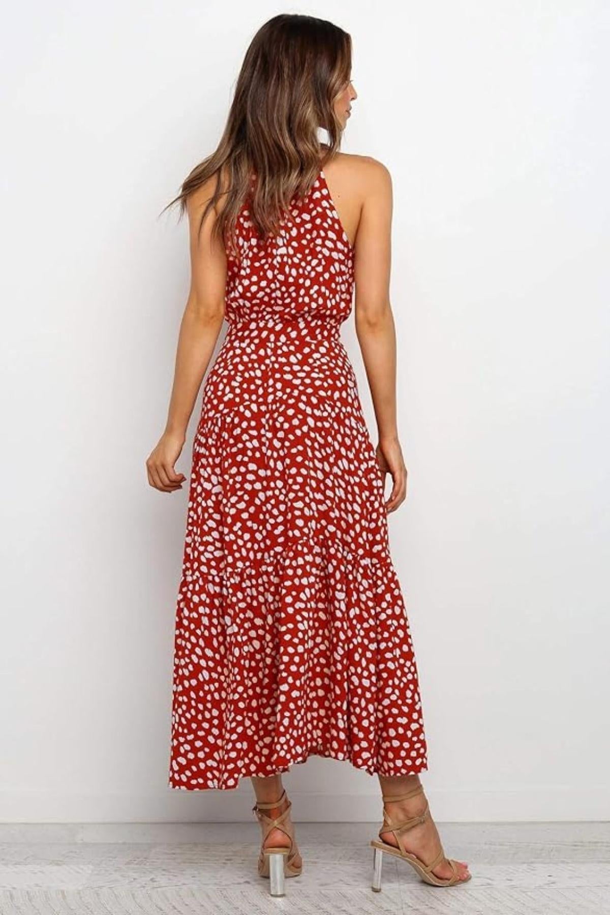 Women's Midi Dress — Polka Dot Halter Neckline Tie Waist Design