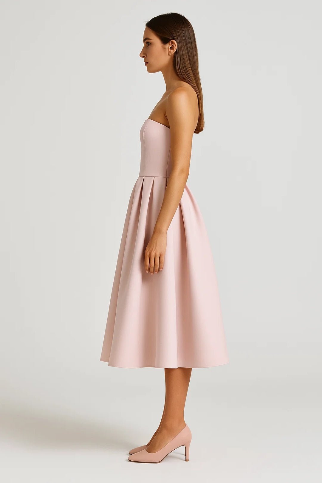 Women's Midi Dress — Strapless Fitted Bodice Flared Skirt Design