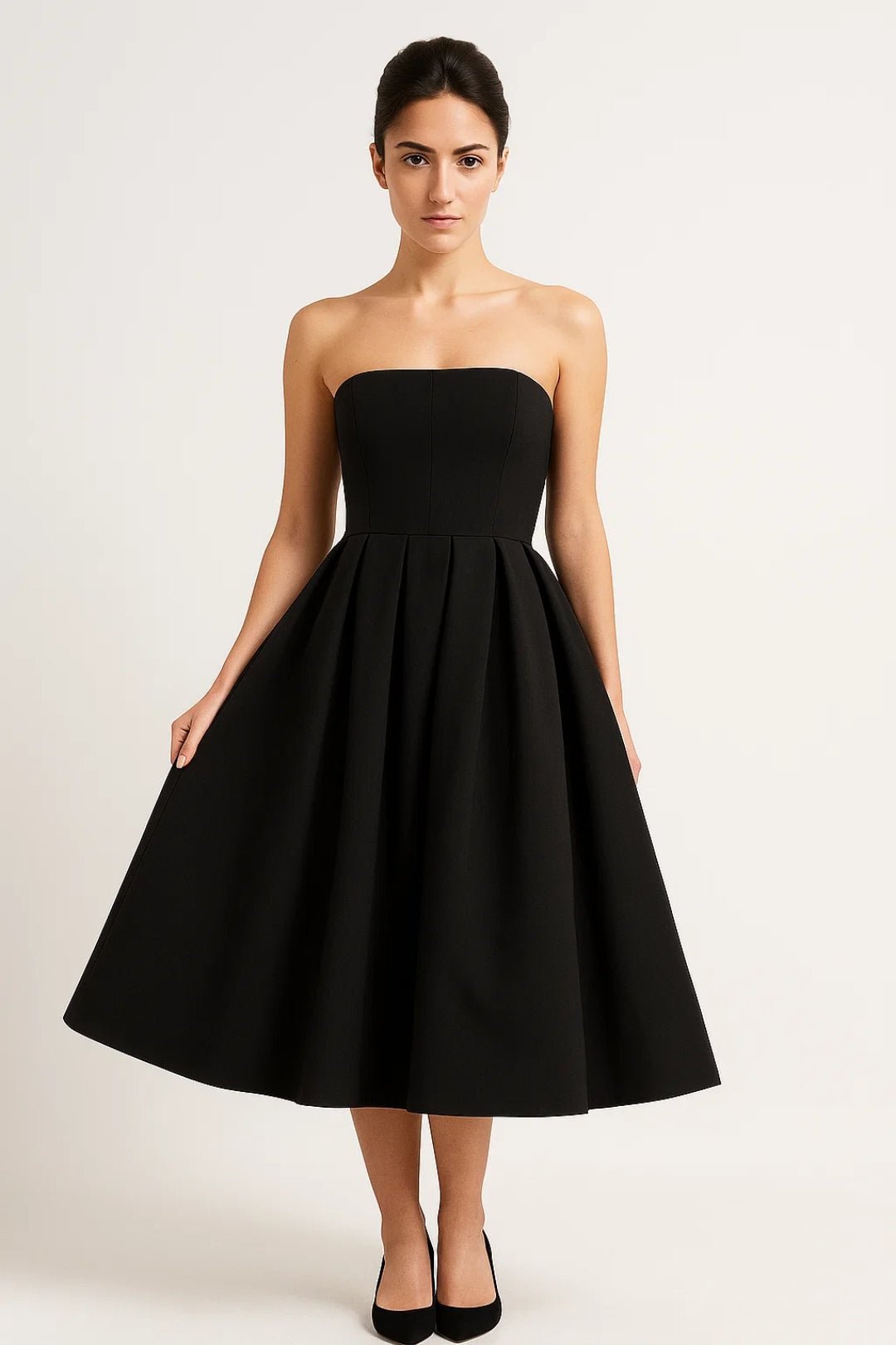 Women's Midi Dress — Strapless Fitted Bodice Flared Skirt Design