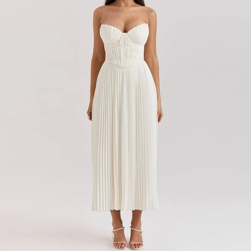 Women's Midi Dress — Strapless Sleeveless Pleated Bodice & Skirt