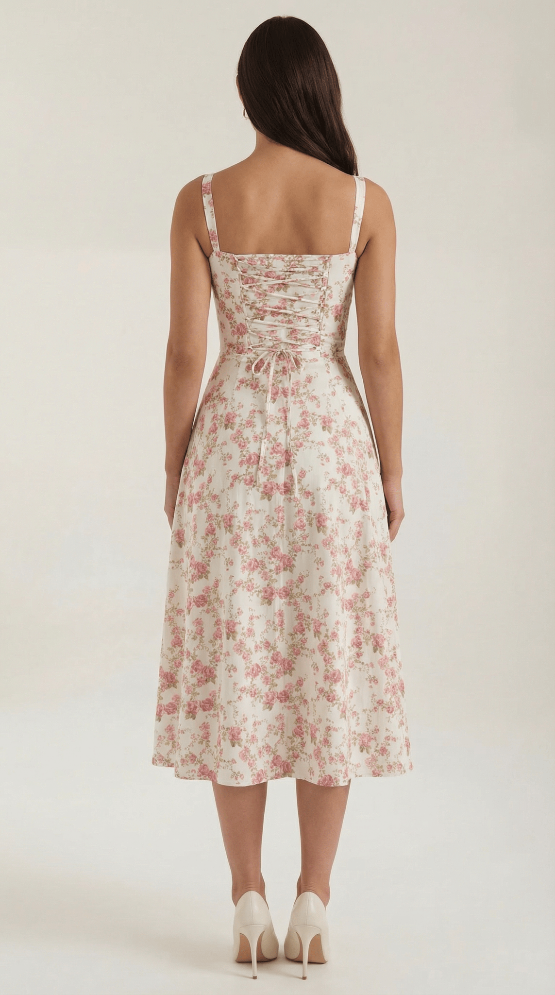 Women's Midi Dress - Sweetheart Neckline Lace-Up Structured Fit