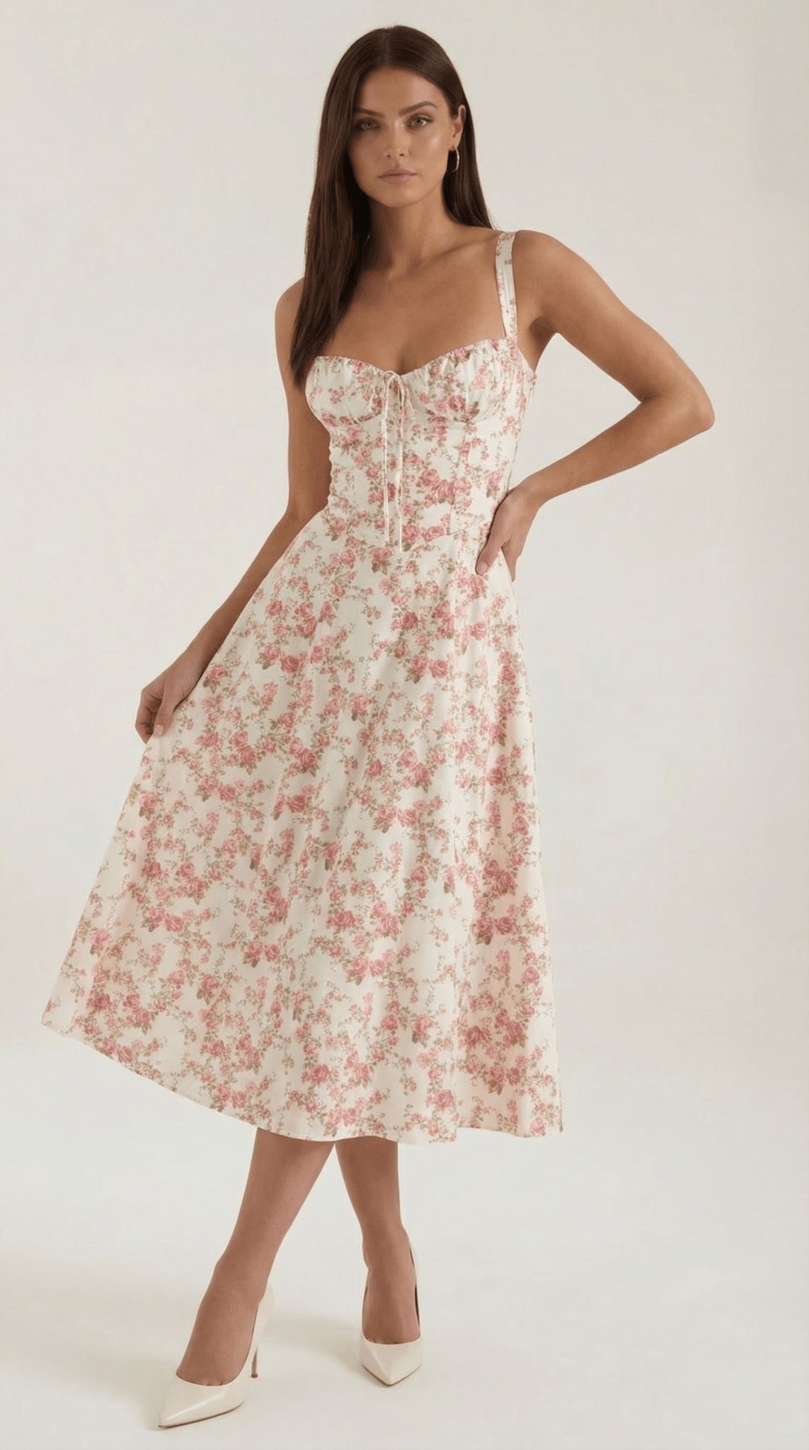 Women's Midi Dress - Sweetheart Neckline Lace-Up Structured Fit