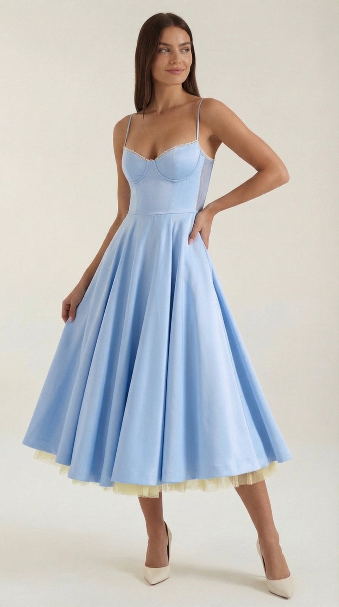 Women's Midi Dress - Sweetheart Neckline & Spaghetti Straps