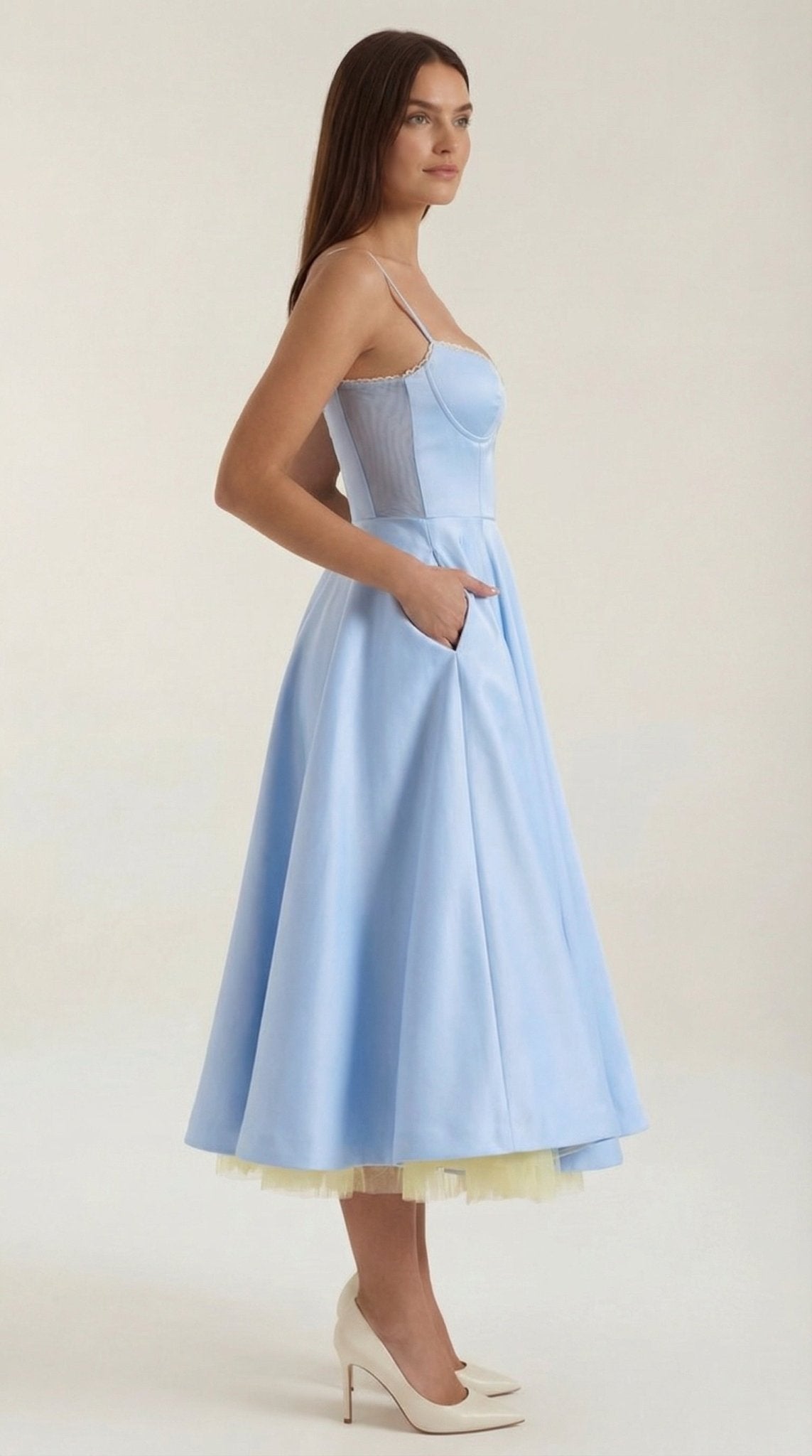 Women's Midi Dress - Sweetheart Neckline & Spaghetti Straps