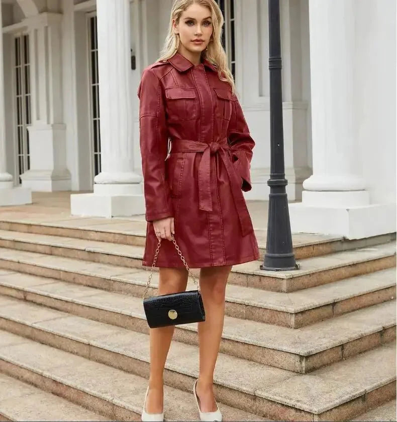 Women's Shirt Dress — Long Sleeve Tie Waist Button Closure