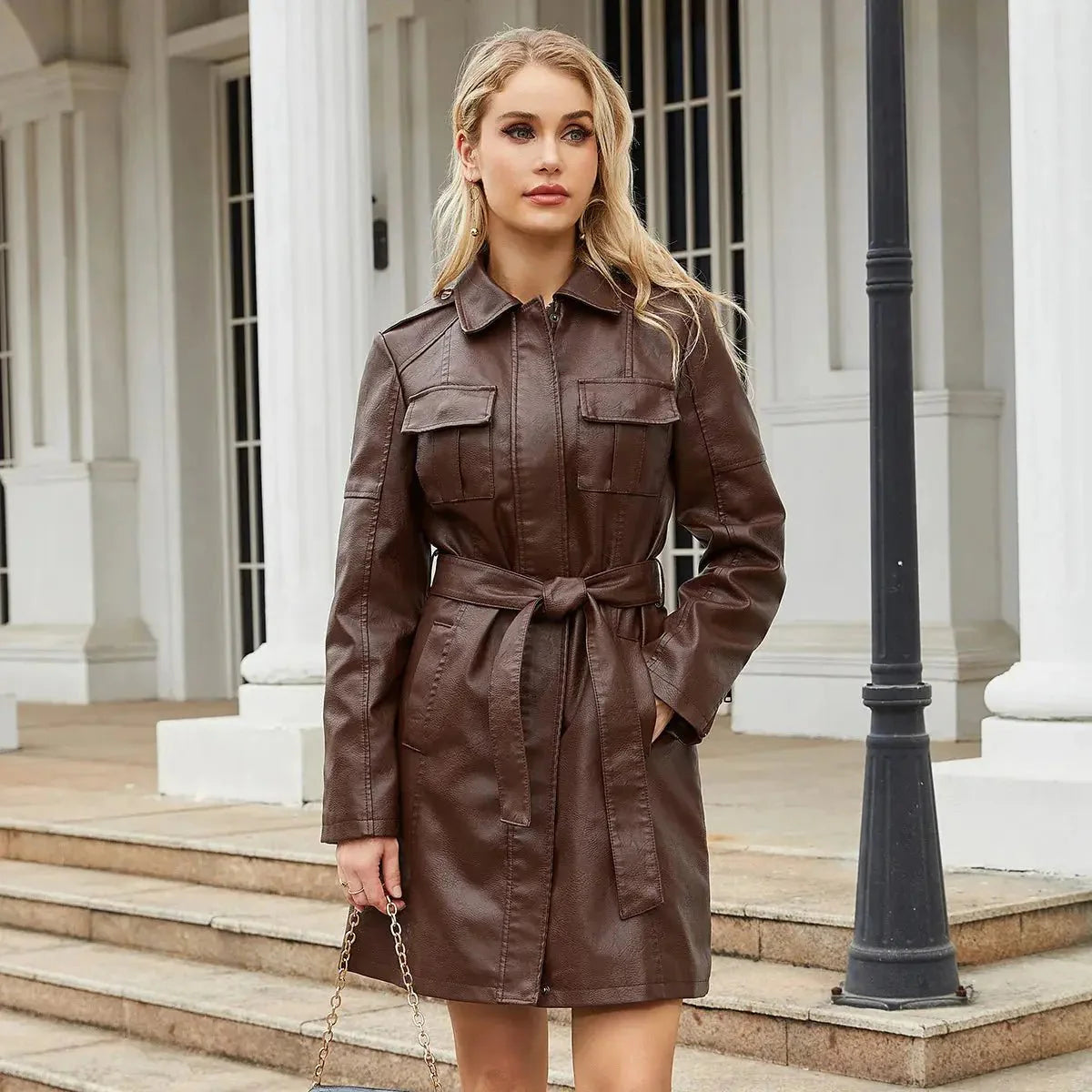 Women's Shirt Dress — Long Sleeve Tie Waist Button Closure