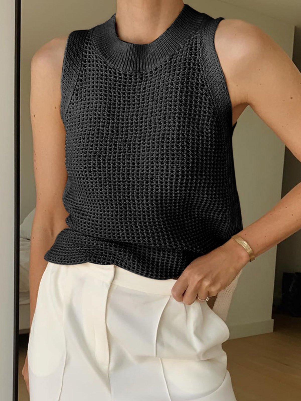 Women's Tank Top — Sleeveless Openwork Ribbed Collar Detail